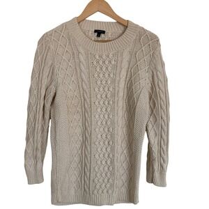 Talbots Womens Cable Knit Cream Sweater Size Medium Fisherman Classic Wool Blend